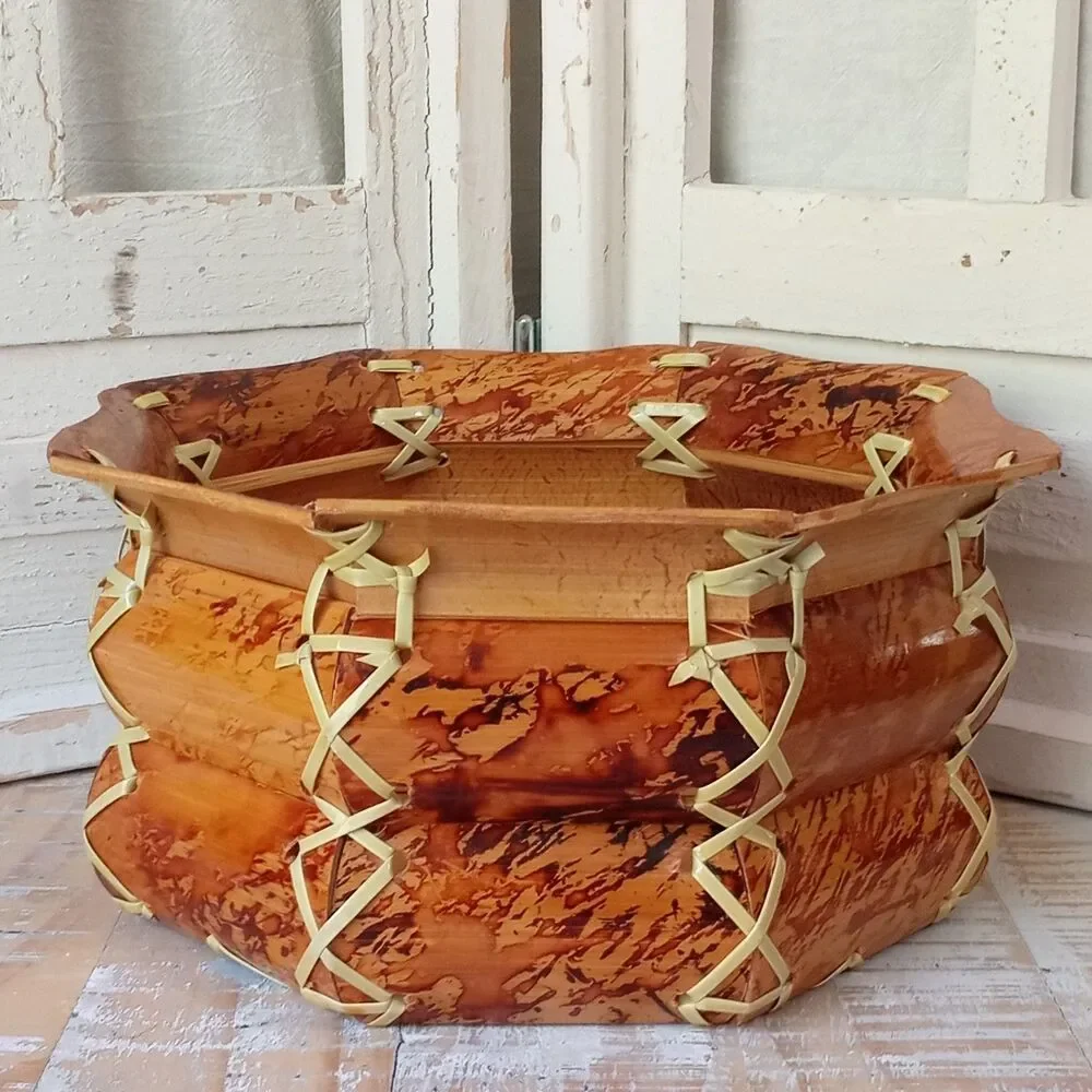 MCM Vintage Tortoise Bamboo Bowl Basket Octagon Burnt Woven Boho Centerpiece 50s